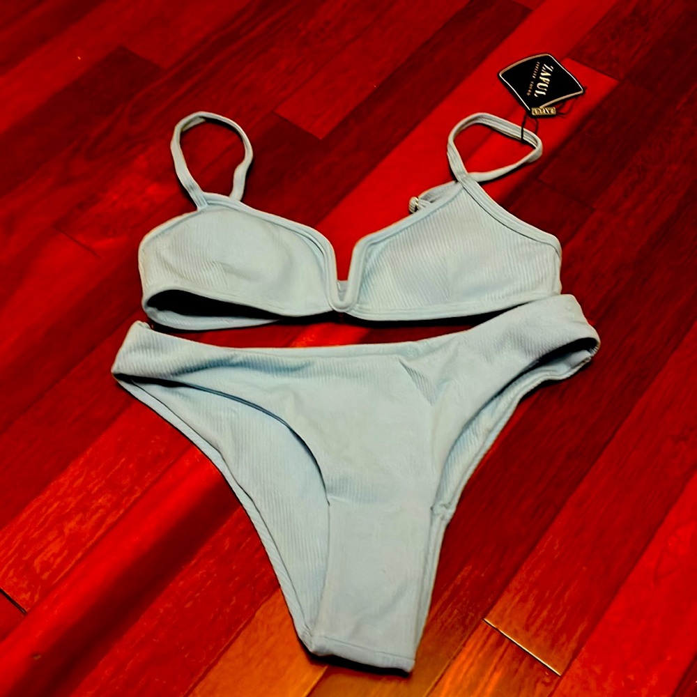 Blue ribbed spaghetti strap Bikini